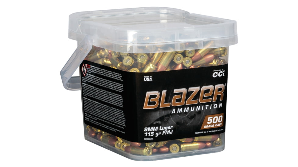 CCI Ammunition Blazer Brass 9mm Luger 115 grain Full Metal Jacket Round Nose Centerfire Pistol Ammo, 500 Rounds, 5200B500