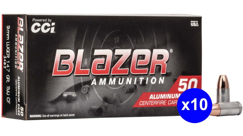 CCI Ammunition Blazer Clean-Fire 9mm Luger 147 Grain Total Metal Jacket Centerfire Pistol Ammo, 500 Rounds