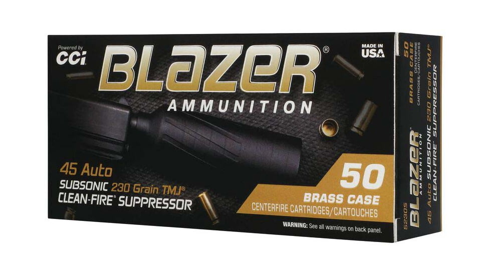 CCI Ammunition Blazer Clean-Fire Suppressor .45 ACP 230 Grain Total Metal Jacket Brass Cased Pistol Ammo, 50 Rounds, 5230S