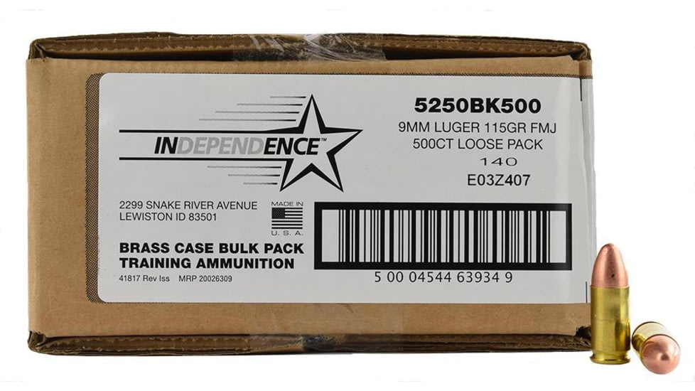 CCI Ammunition Independence Brass Handgun Ammo 9mm Luger 115 gr FMJ 1145 fps 500/ct, 5250BK500