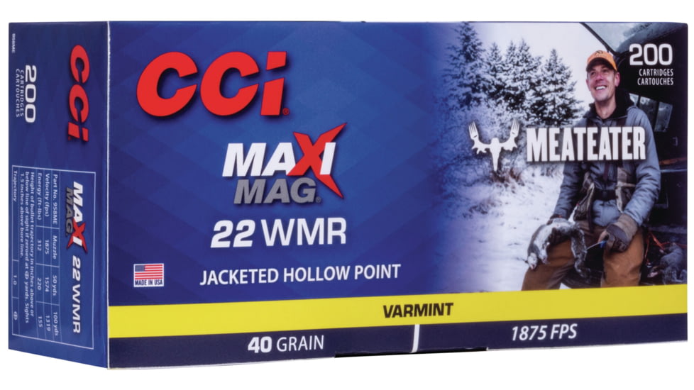 CCI Ammunition MeatEater Series Maxi-Mag .22 Winchester Magnum Rimfire 40 grain Jacketed Hollow Point Rimfire Ammo, 200 Rounds, 958ME