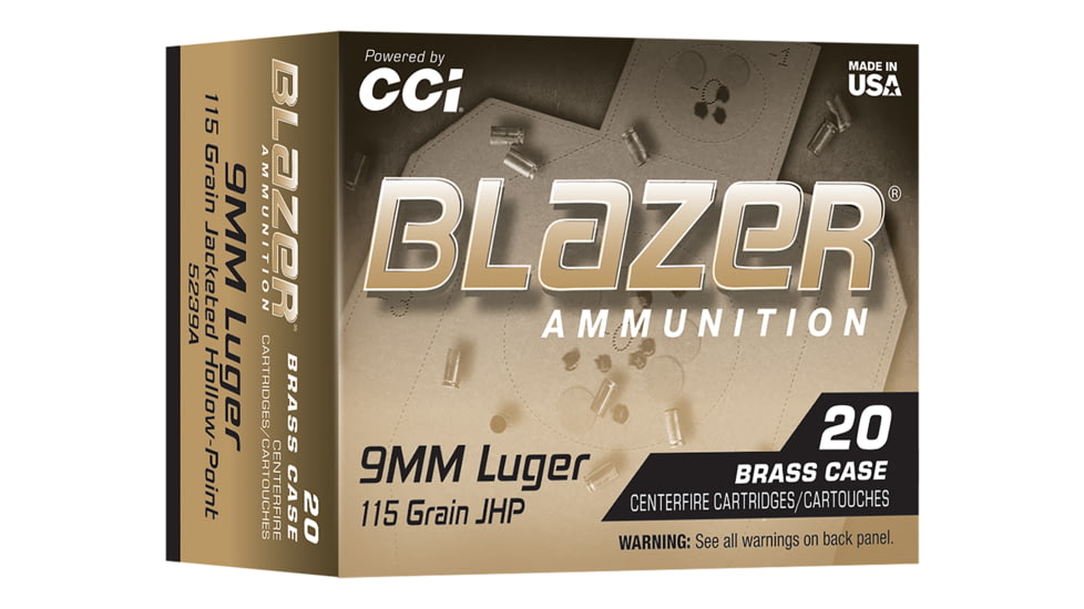 CCI Ammunition Blazer 9mm Luger 115 Grain Jacketed Hollow Point Brass Cased Pistol Ammo, 20 Rounds, 5239A