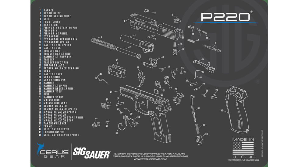 Cerus Gear SIG SAUER P220 SCHEMATIC HANDGUN MAT - CHARCOAL GRAY/CERUS BLUE, 17 X 12 F8126BDA
