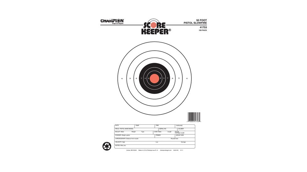 Champion Traps and Targets 50 Foot Pistol Slowfire Orange Bullseye 100 Per Pack