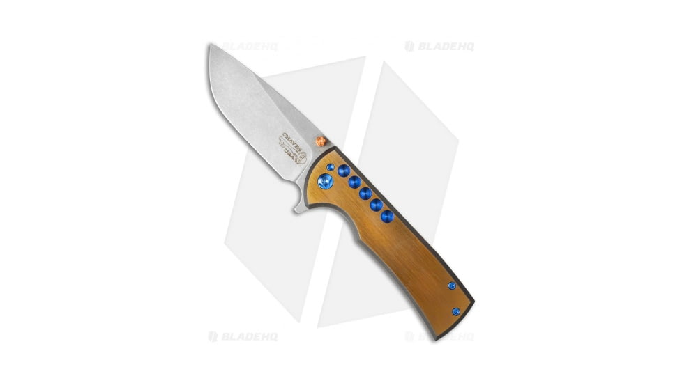 Chaves Knives Ferrum Forge + Chaves One-Off Veloz Flipper Folding Knife, 3.125in, CTS-XHP, Drop Point Blade, Titanium Blue/Gold Handle, Steel/Blue/Gold, 7.25in, BHQ-35487