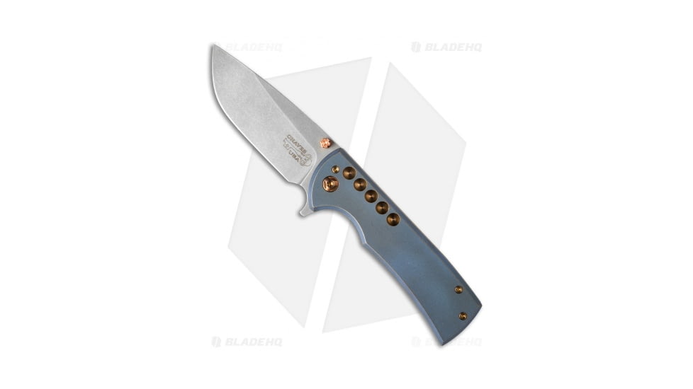 Chaves Knives Ferrum Forge + Chaves One-Off Veloz Flipper Folding Knife, 3.125in, CTS-XHP, Drop Point Blade, Titanium Gold/Gray Handle, Steel/Gold/Gray, 7.25in, BHQ-35486