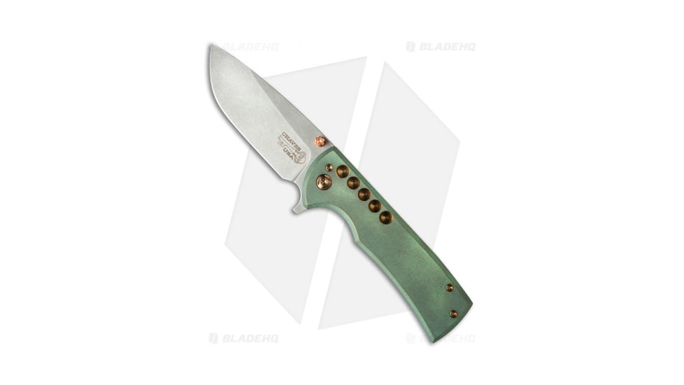 Chaves Knives Ferrum Forge + Chaves One-Off Veloz Flipper Folding Knife, 3.125in, CTS-XHP, Drop Point Blade, Titanium Gold/Green Handle, Steel/Gold/Green, 7.25in, BHQ-35484