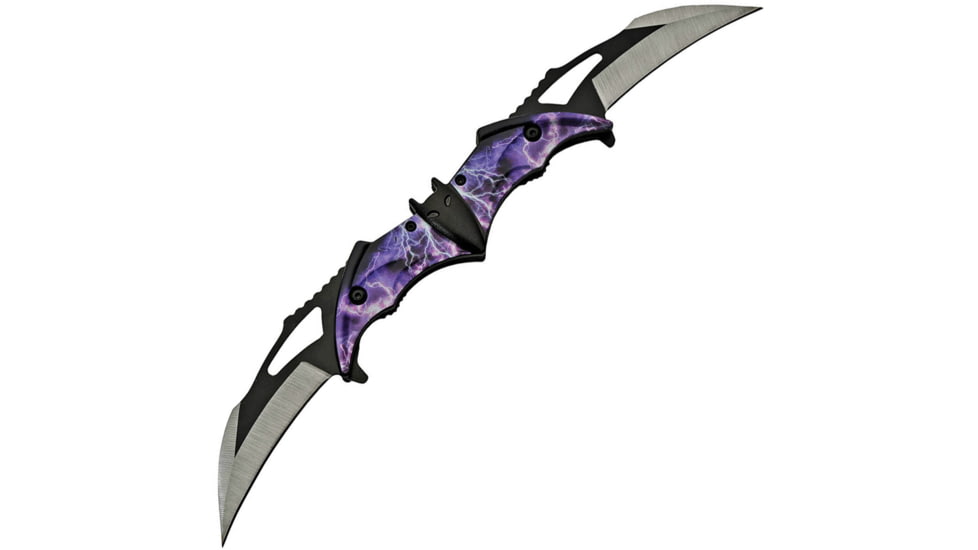 China Made Bat Double Linerlock Purple Folding Knife, 3.13 two-tone finish stainless blade, Black and purple ABS handle, 300516
