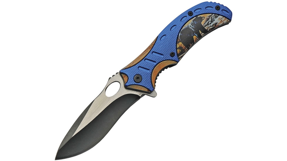 China Made Bear Linerlock A/O Folding Knife, 4.75in Closed, 3.75in Two-Tone Finish SS Blade, Black Synthetic, Black, 300490-BE