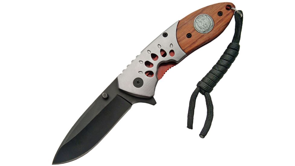 China Made Bear Track Linerlock A/O Folding Knife,3in,3Cr13 Stainless Steel,Drop Point,Wood Handle CN300272BE