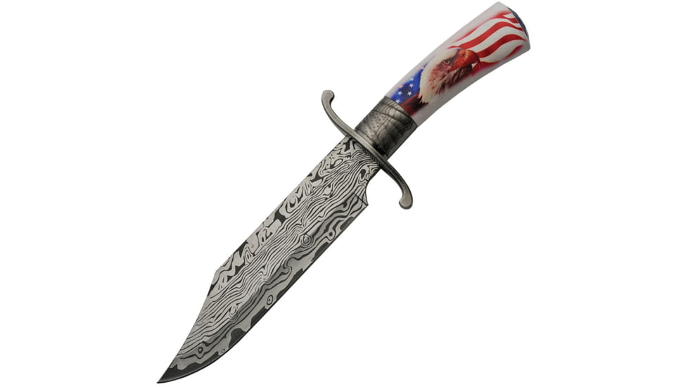 China Made Bowie Eagle Fixed Blade Knife, 12.5in Overall, 7.25in SS Clip Point Blade, Synthetic Handle, Faux Damascus Blade Finish, Black Nylon Belt Sheath, 211444-EG