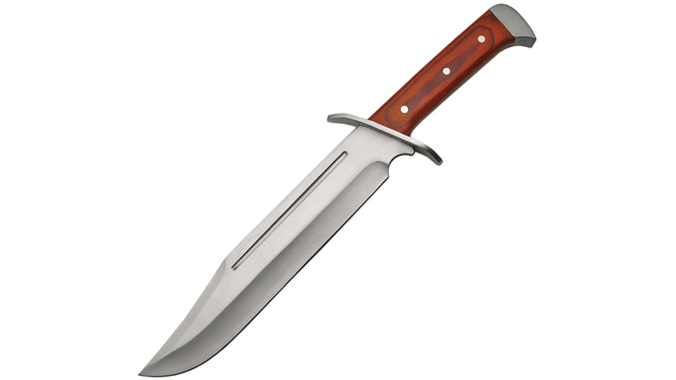China Made Bowie Wood with Sheath Fixed Blade Knife, 15.5in Overall, 10in Satin SS Clip Point Blade, Brown Pakkawood Handle, SS Guard And Pommel, Black Nylon Belt Sheath, Brown, 211397