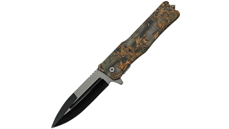 China Made Camo Linerlock A/O Folding Knife, 4 two-tone finish stainless spear point blade, Camo checkered ABS handle, 300513-CM