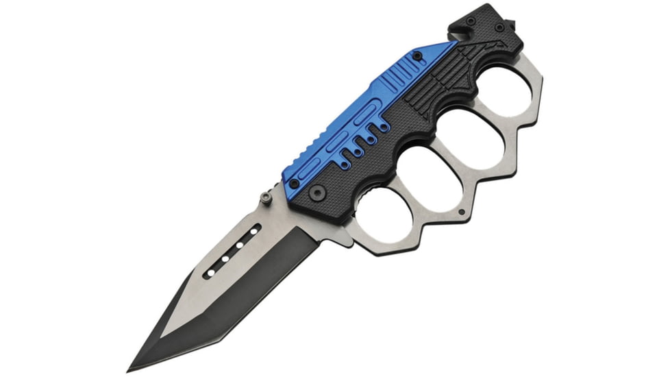 China Made Combat Trench Linerlock Blue Folding Knife, 4in Two-Tone Finish SS Tanto, Black/Blue Synthetic, Black and blue, 300459-BL