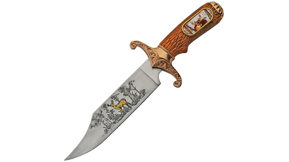 China Made Deer Bowie with Sheath Knife, 5.25 satin finish stainless blade, Brown synthetic handle, 211487-DE