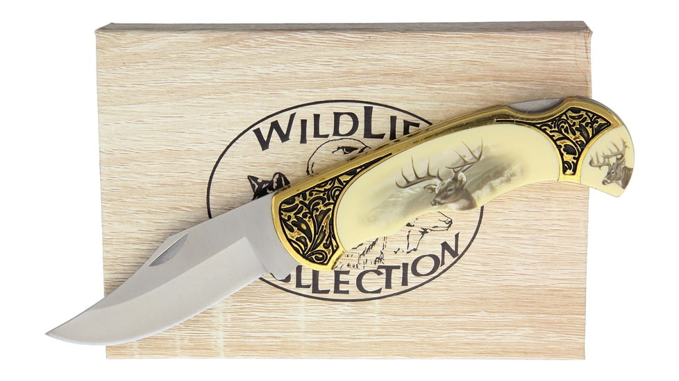China Made Deer Folder with Gift Box Folding Knife, 3.5in Satin SS Clip Point Blade, Synthetic, 211411-DE
