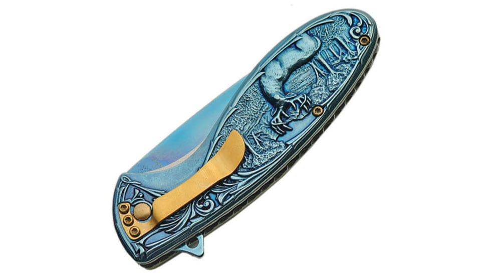 China Made Deer Linerlock A/O Folding Knife, 4.5in Closed, 3.25in Blue Titanium Coated SS Drop Point, Blue Titanium Finish SS, Blue, 300428-BL