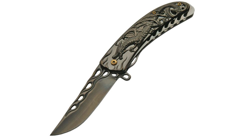 China Made Dragon Linerlock Black A/O Folding Knife,3.5in,Stainless Steel,Standard Edge,Black and Satin CN300400BK