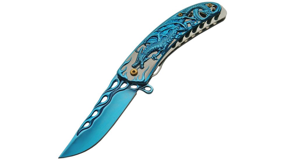 China Made Dragon Linerlock Blue A/O Folding Knife,3.5in,Stainless Steel,Standard Edge,Blue and Satin CN300400BL