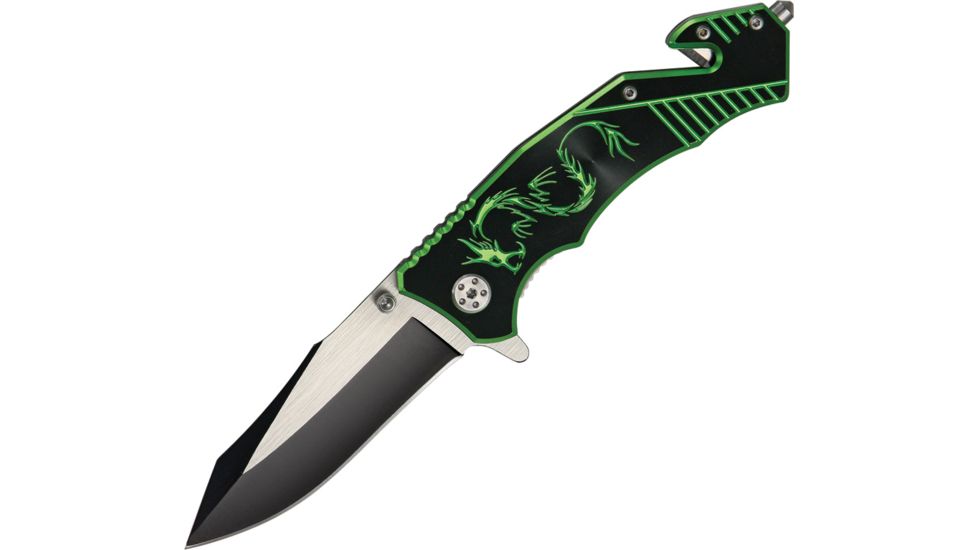 China Made Dragon Rescue Linerlock Folding Knife,3.25in,Two Tone Stainless Blade,Lime Green Alum Handle CN300256GN