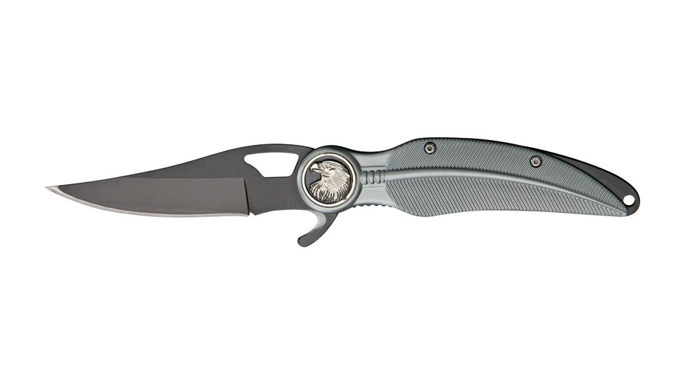 China Made Eagle Feather Linerlock Knife, Eagle head bolster, Gray Aluminum CN300232GY