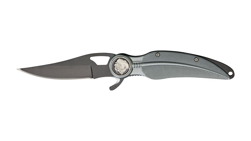 China Made Eagle Feather Linerlock Knife, Gray Aluminum, Indian head bolster CN300233GY