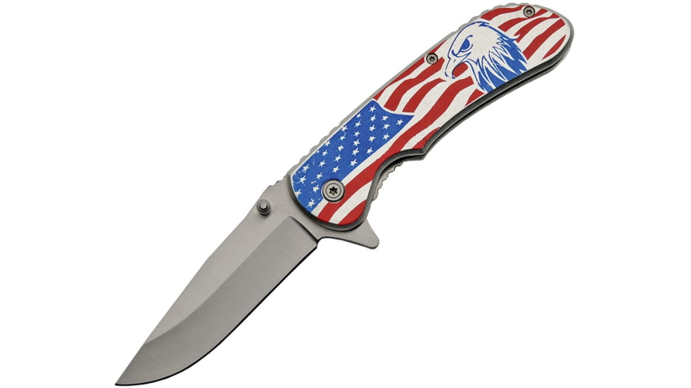 China Made Eagle/Flag Linerlock A/O Folding Knife, 4.5in Closed, 3.5in Satin SS Drop Point, Silver Aluminum, Silver, 300443