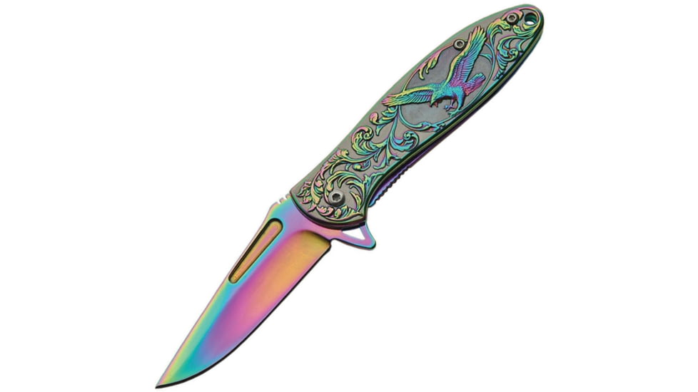 China Made Eagle Framelock Spectrum A/O Folding Knife, Framelock, Assisted Opening, 4in Closed, 3in Spectrum Titanium Coated SS Drop Point, Spectrum Titanium Finish SS, Spectrum, 300429-RB
