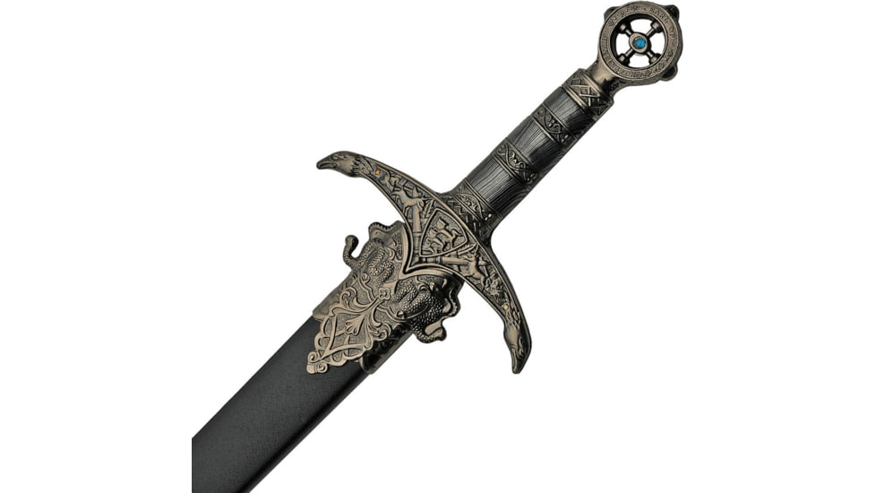 China Made Earl Of Huntington Sword, 33in Overall, 22.5in Mirror Unsharpened SS Blade, Metal Alloy Handle, Metal Alloy Guard, Black Wood Scabbard, 211433