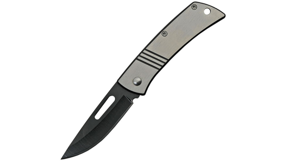 China Made Engravable Folder Folding Knife, 2.5 black finish stainless blade, Black and silver stainless handle, 211510