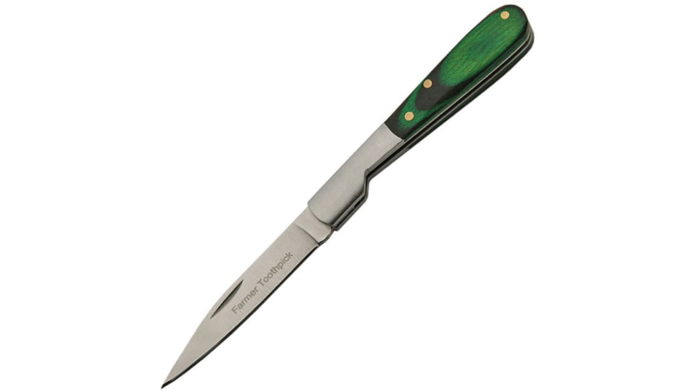 China Made Farmer Toothpick Folding Knife, Satin SS Clip Blade, Green Pakkawood, Green, 212071-FR