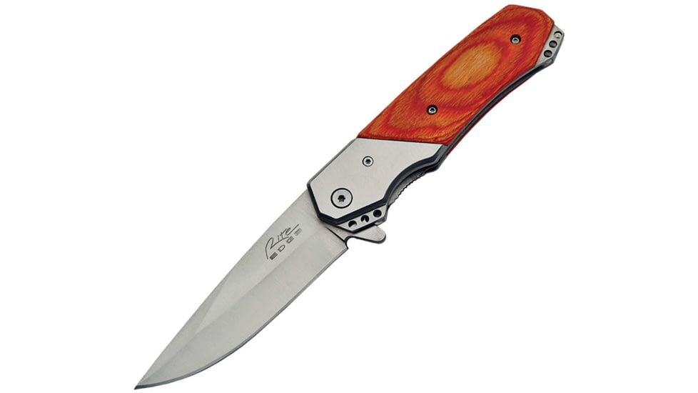 China Made Fireglow Linerlock A/O Folding Knife, 4.75in Closed, 3.75in Satin SS Drop Point, Cherry Wood, 300414