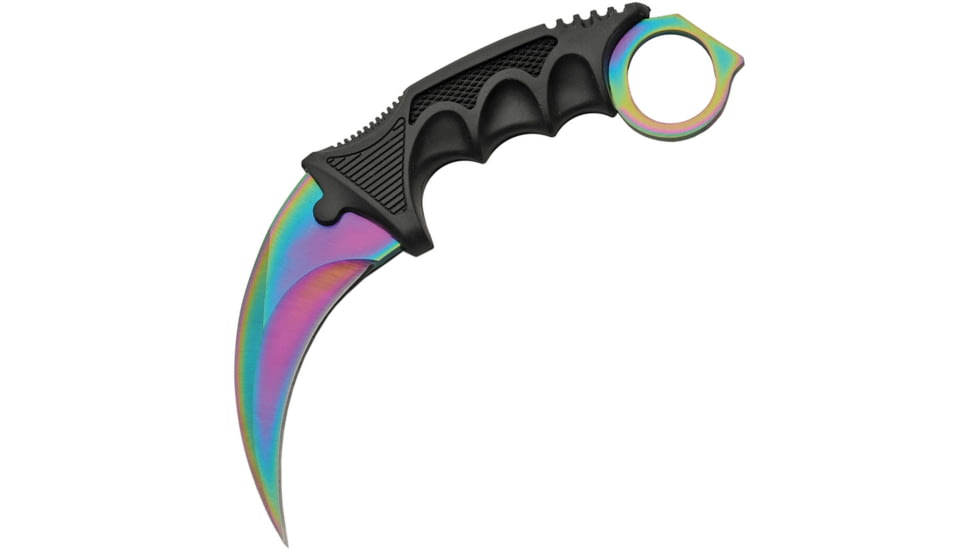 China Made Fixed Blade Karambit Spectrum Fixed Blade Knife, 7.13in Overall, 3.5in Spectrum Finish SS Karambit Blade, Black Finger Grooved ABS Handle, Black ABS Neck Sheath, Black, 211431-RB