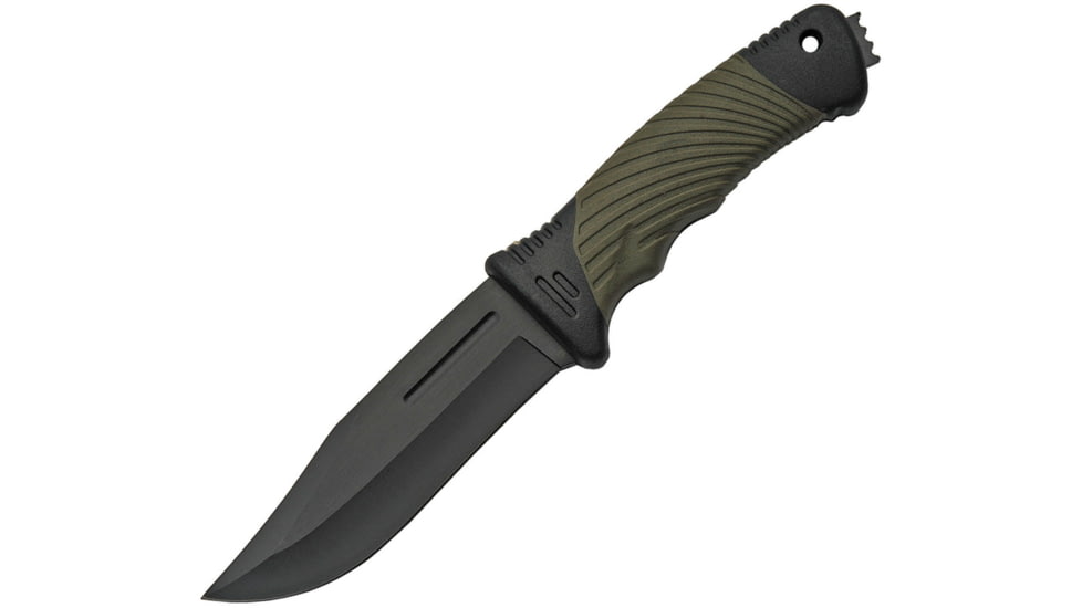 China Made Fixed Blade Plastic Handle Knife, 4.25 black finish stainless blade, Black plastic handle with green rubber onlay, 211493-PL