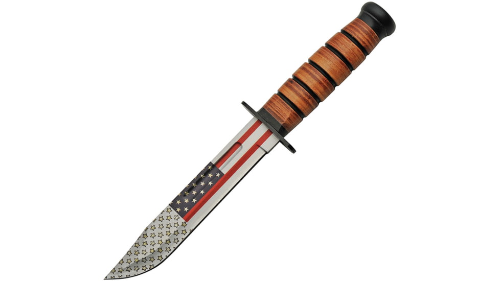 China Made Flag Combat Fighter Knife, 7 blade, Brown stacked leather handle, 211461