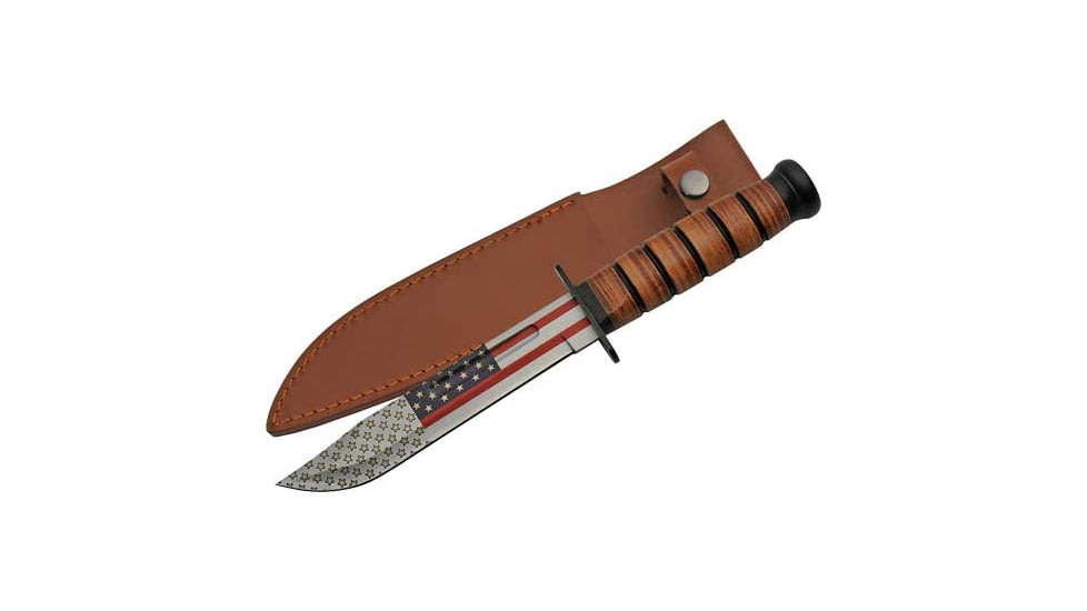 China Made Flag Combat Fighter Knife, 7" blade, Brown stacked leather handle, 211461