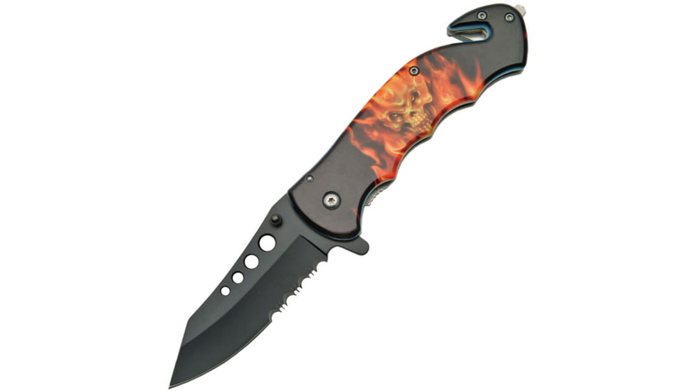 China Made Flaming Skull Linerlock A/O Knife, 300261