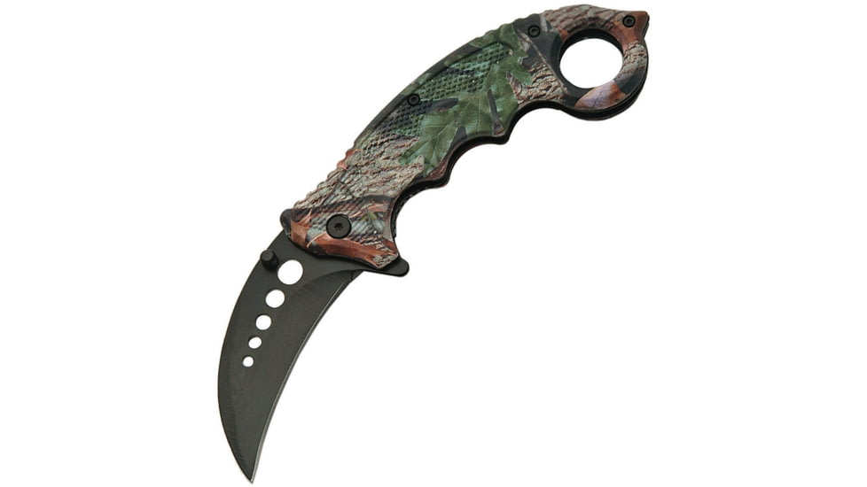 China Made Folder Camo Karambit Clip Folding Knife, 2.75in Black SS Karambit Blade, Camo Textured Nylon, Camo, 300409