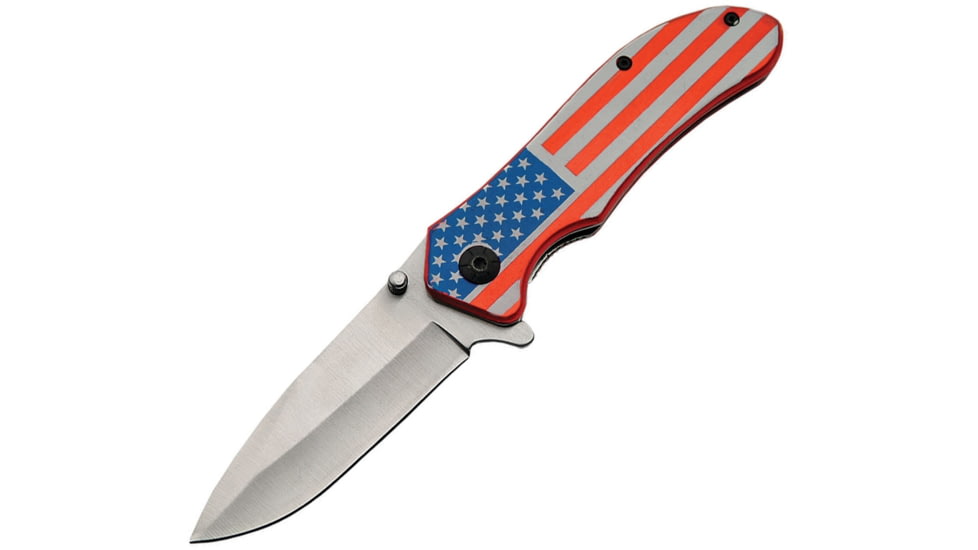 China Made Folder Stars &amp; Stripes Clip Folding Knife, 3.5in Satin SS Drop Point, Aluminum, 300406-US