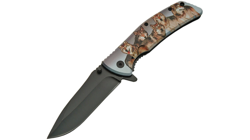 China Made Folder Wolf Pack Clip Folding Knife, 3.75in Black SS Drop Point, Nylon, 300427-WF