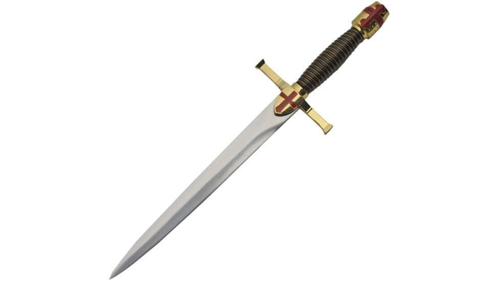 China Made Gold Crusader Dagger Knife, 9.5 satin finish unsharpened stainless blade, Black synthetic wire wrapped handle, 211474
