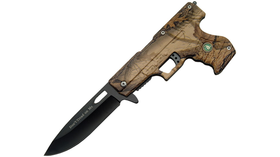 China Made Gun Linerlock Camo Dont Tread Folding Knife, 3.75 black finish stainless blade, Camo synthetic handle, 300227-SB
