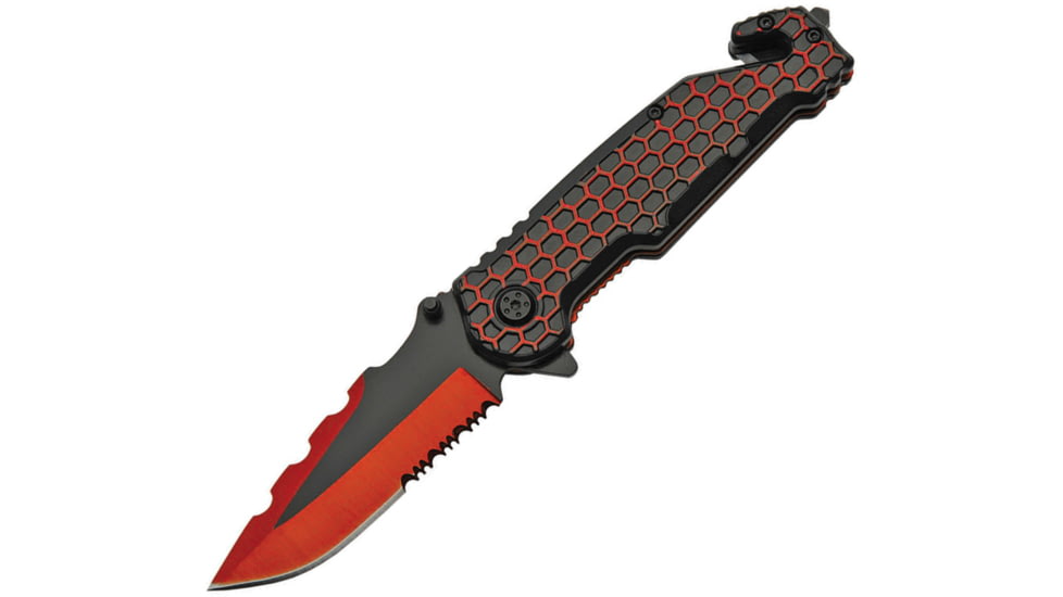 China Made Honeycomb Linerlock Red Folding Knife, Black and red, Black and red sculpted aluminum handle, 300485