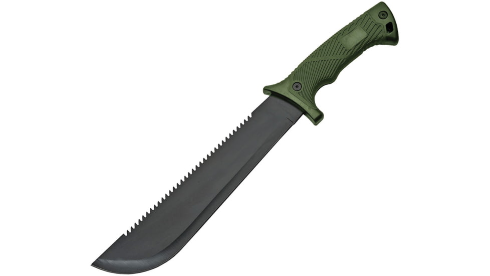 China Made Hunter Field Machete Knife, 10 black finish sawback stainless blade, Green rubber handle, 211503