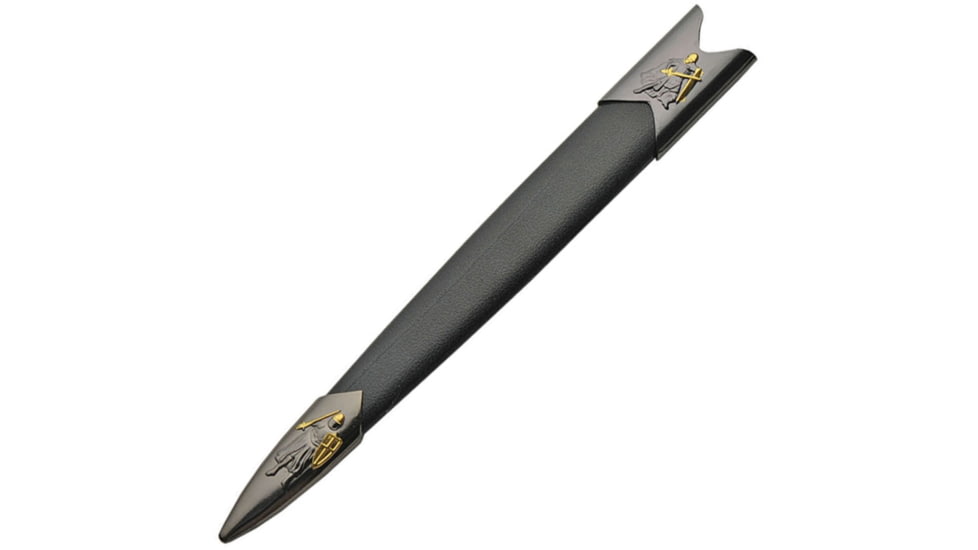 China Made Knights Dagger, 12.75in Overall, 7.75in Satin Unsharpened SS Blade, Black/Gold Synthetic Handle, Metal Alloy Guard And Pommel, Black Synthetic Scabbard, 211445-GD