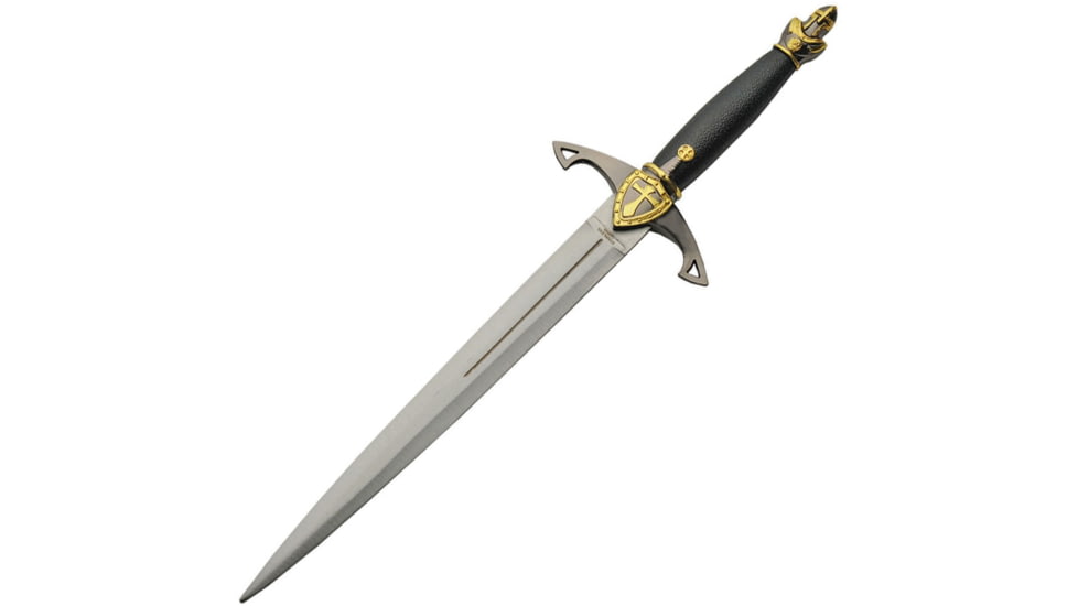 China Made Knights Dagger, 12.75in Overall, 7.75in Satin Unsharpened SS Blade, Black/Gold Synthetic Handle, Metal Alloy Guard And Pommel, Black Synthetic Scabbard, 211445-GD