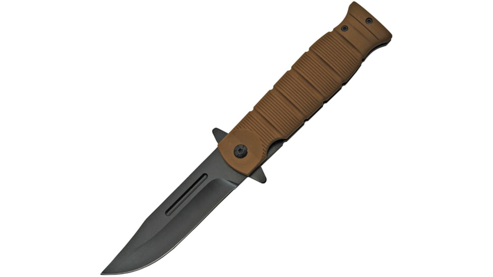 China Made Linerlock A/O Brown Folding Knife, 3.75 black finish stainless clip point blade, Brown rubber handle, 300480-BR