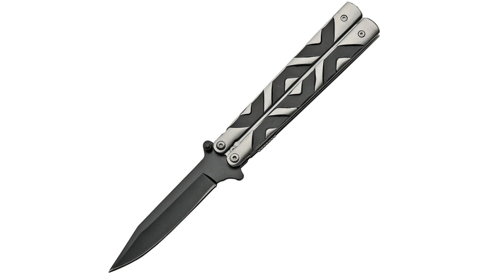 China Made Linerlock A/O Folding Knife, 4.75in Closed, 3.75in Black SS Clip Point Blade, Black/Silver SS, Black/Silver, 211453