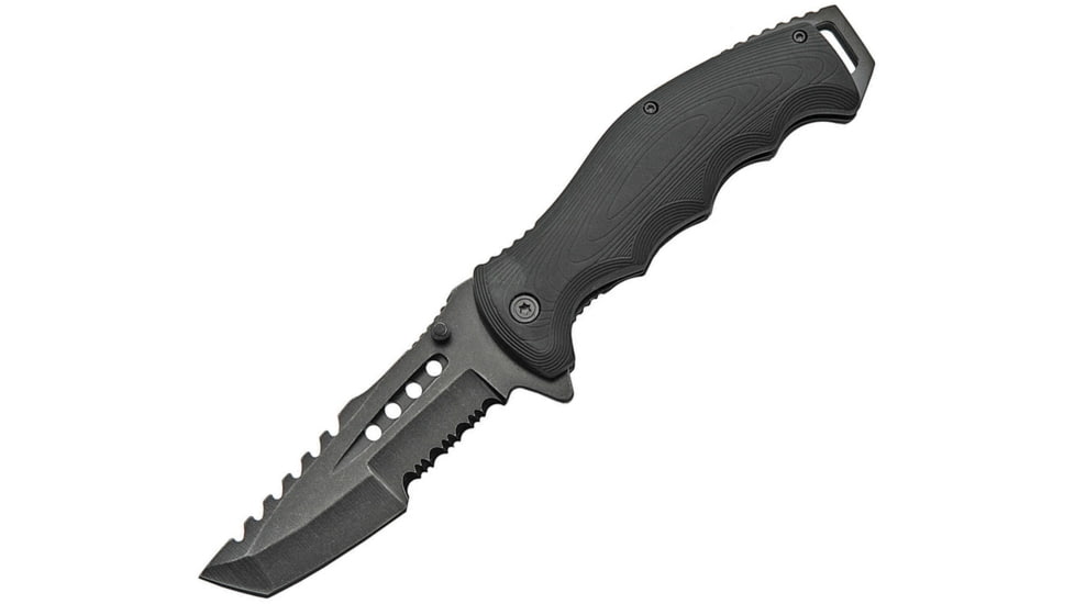 China Made Linerlock A/O Folding Knife, 4.75in Closed, 3.75in Black Stonewash Partially Serrated SS Tanto, Black Rubberized ABS, Black, 300478