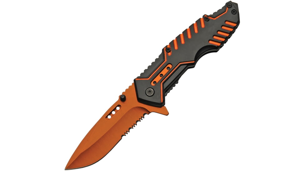 China Made Linerlock A/O Folding Knife, 4.88in Closed, 3.5in Orange Finish Partially Serrated SS Drop Point, Black/Orange Aluminum, Black/Orange, 300413-OR